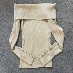 Marled off the shoulder gold flecked sweater with gold button details on wrists